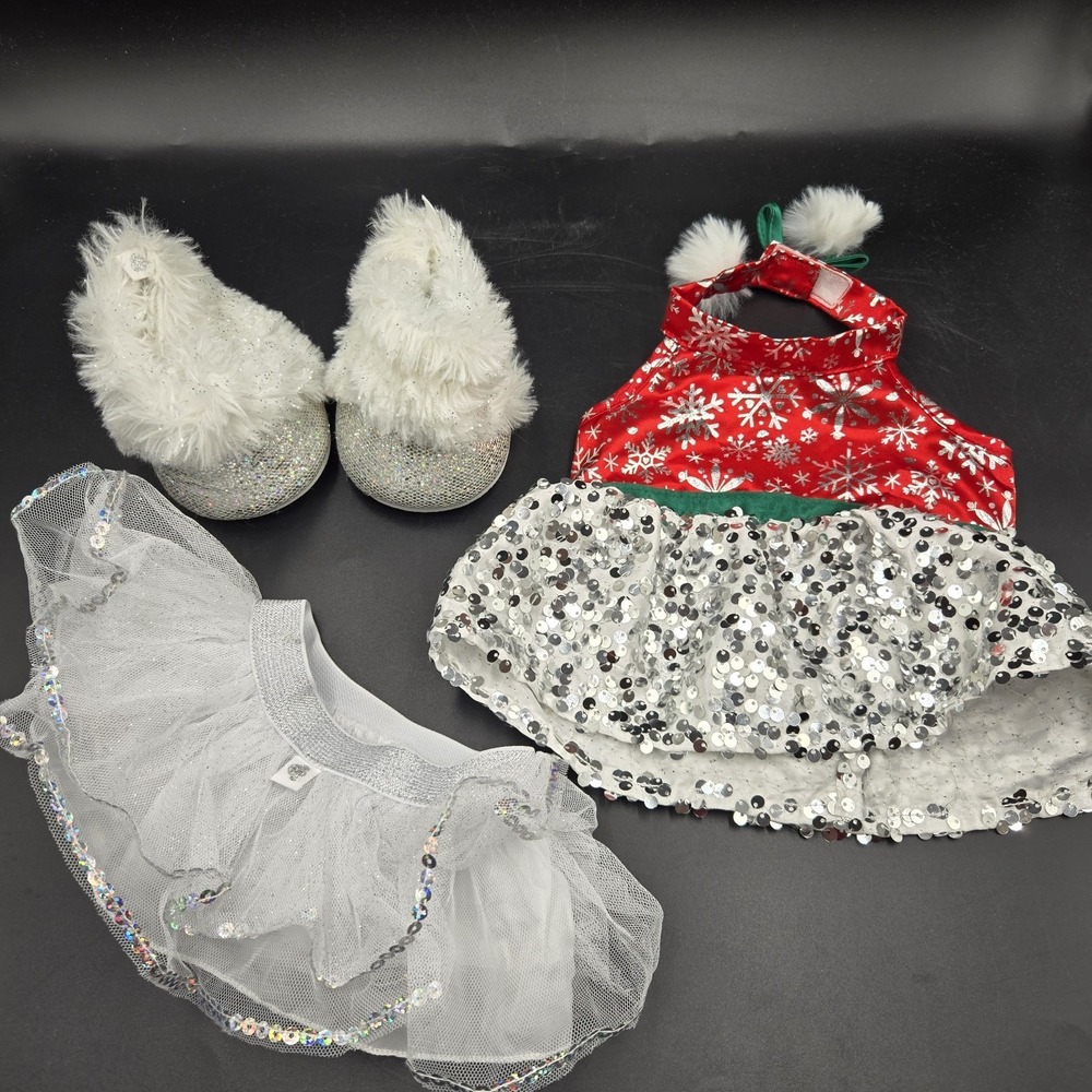 Build A Bear Red Christmas Snowflake Dress Petticoat & Fur Boots BAB Glitter Seq